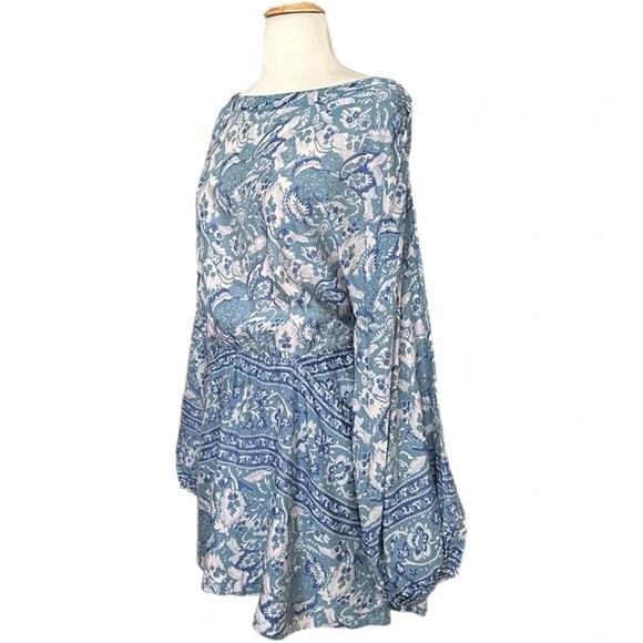 FREE PEOPLE Bohemian Mini Dress Silver Sun Cutout Blue Washed Pockets, Medium - Picture 7 of 16
